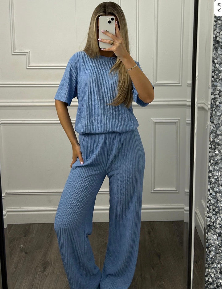 Ribbed Sleeve Top &amp; Wide Leg Trouser Co-Ord Set