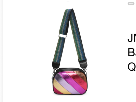 Multi coloured base black striped bag with a glittery strap 