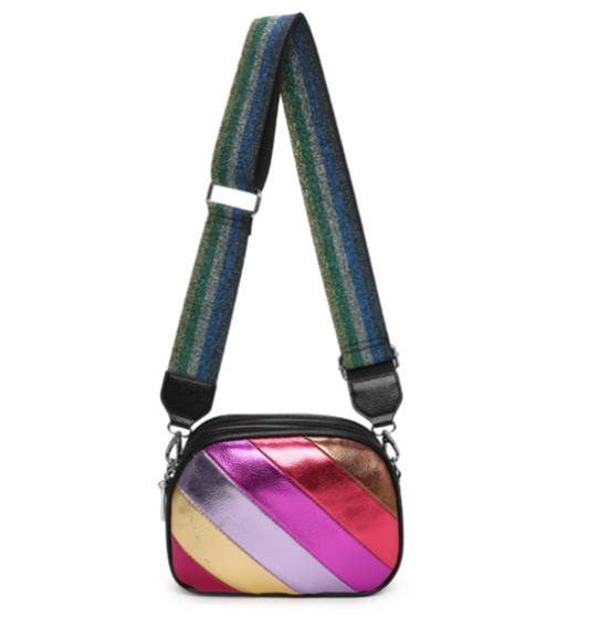 Multicoloured metallic striped crossbody bag with glittery strap 