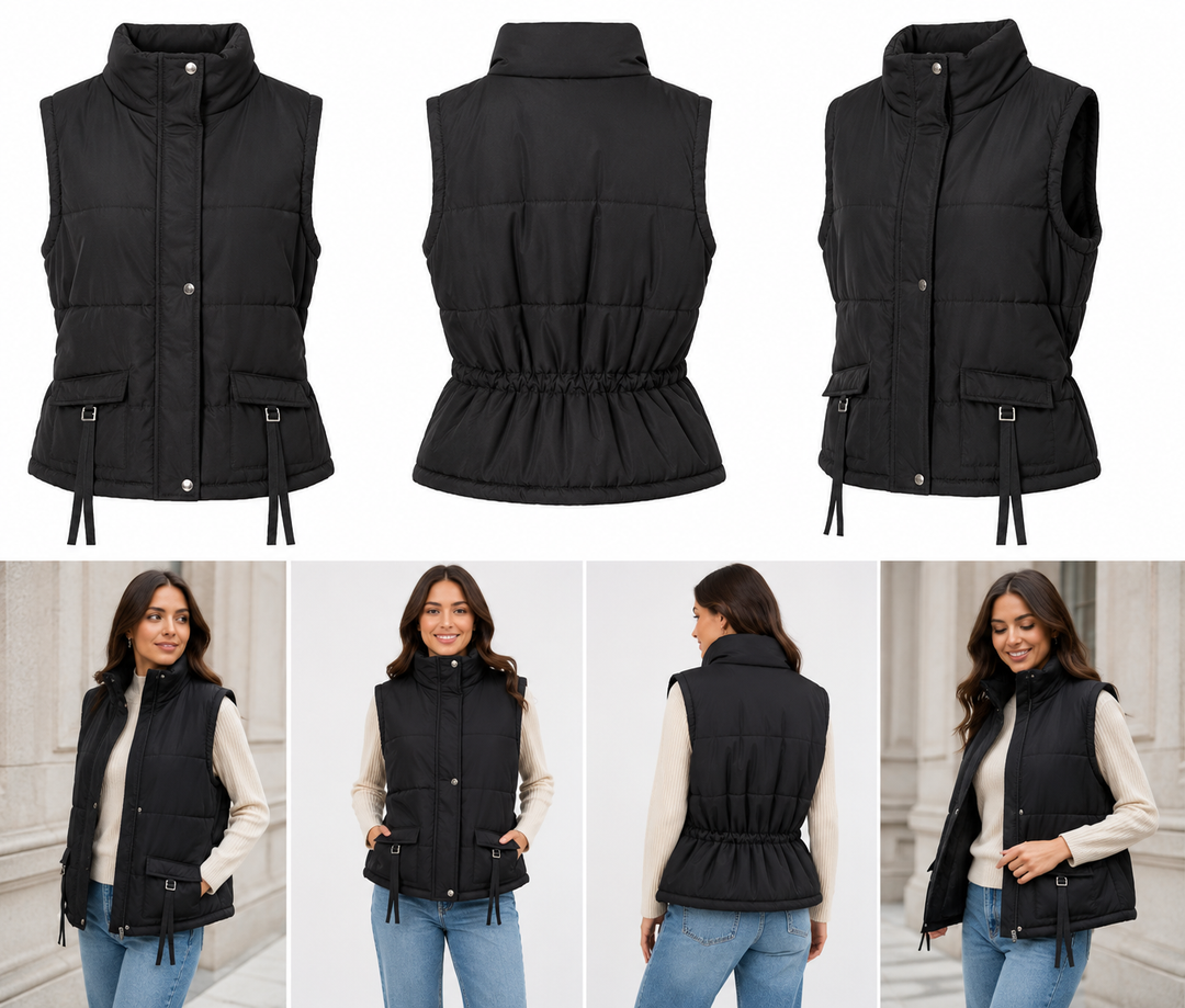 Black sleeveless padded gilet with high neck, front popper fastening, quilted design, adjustable buckle pocket details and cinched waist 