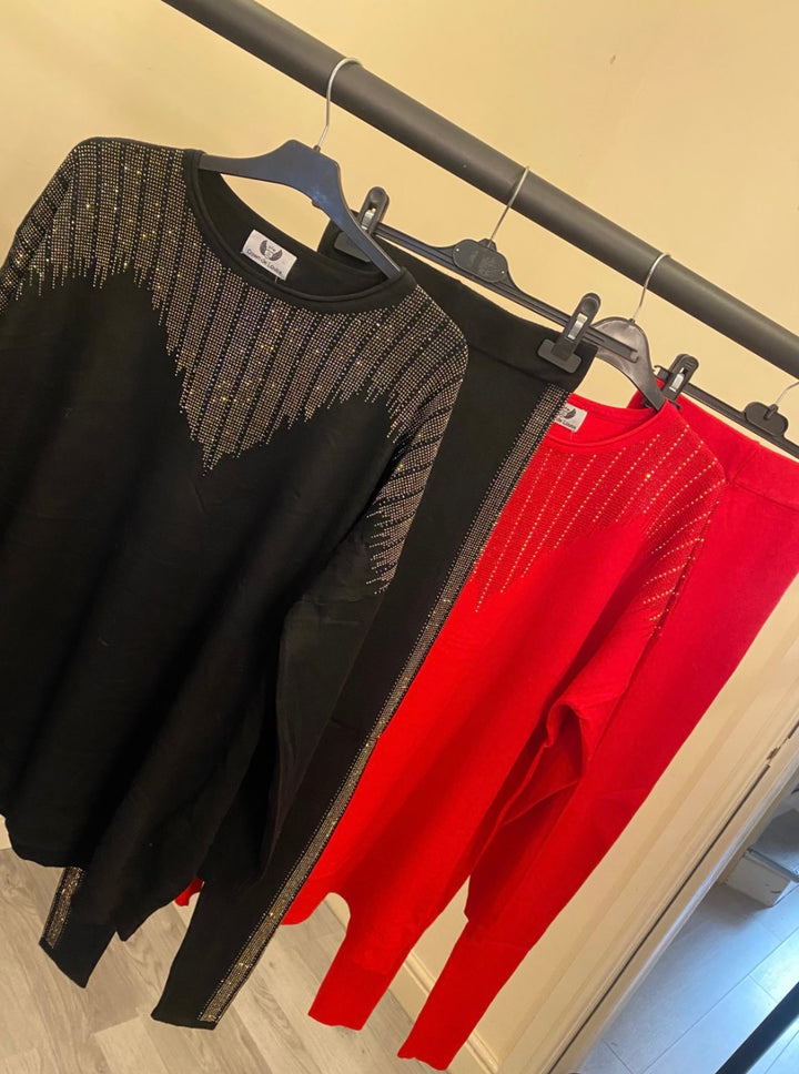 Crystal detailed black and red legging lounge set 