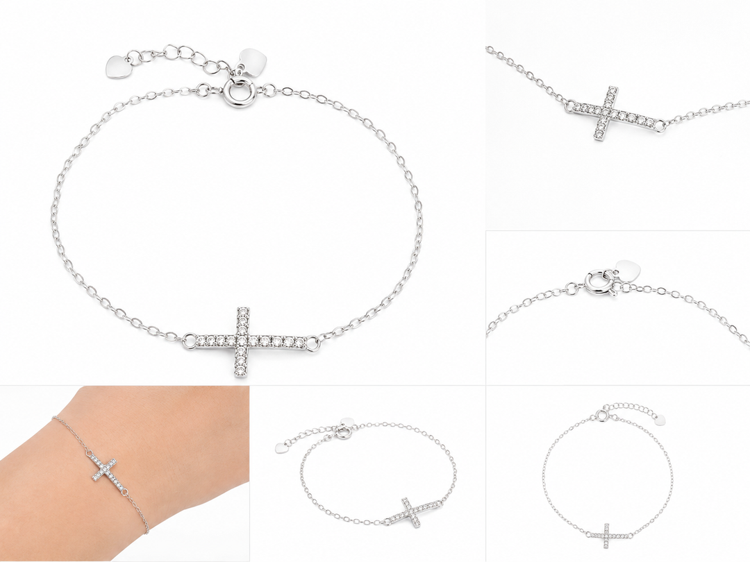 Silver crystal side pendant bracelet with delicate chain and adjustable fastening