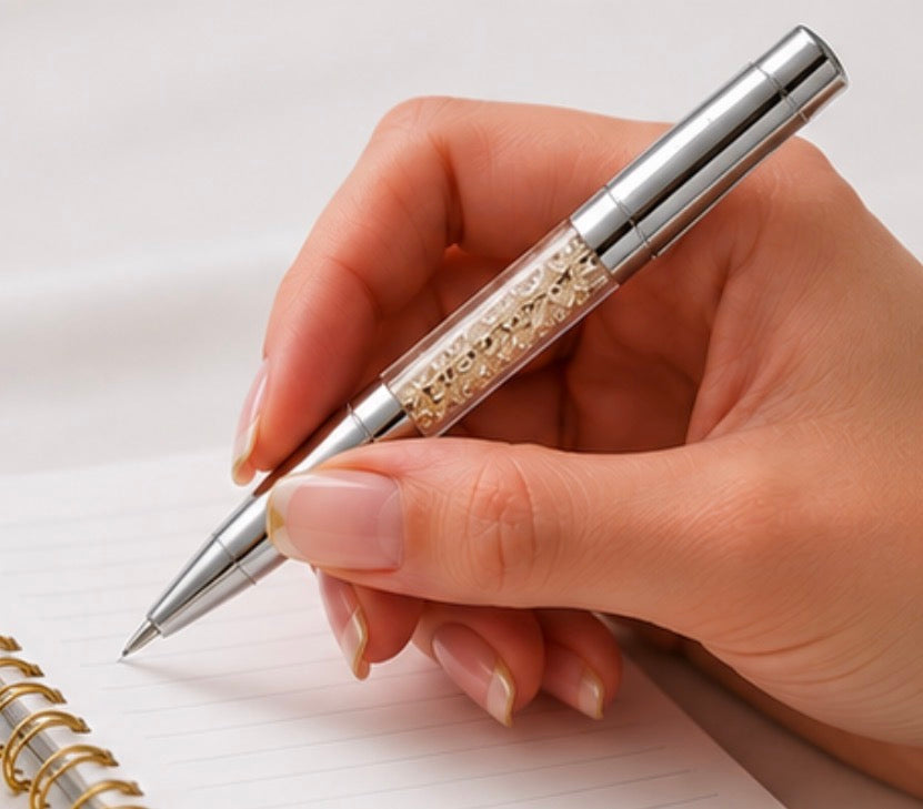 Elegant silver crystal ballpoint pen with sparkling crystal-filled transparent barrel