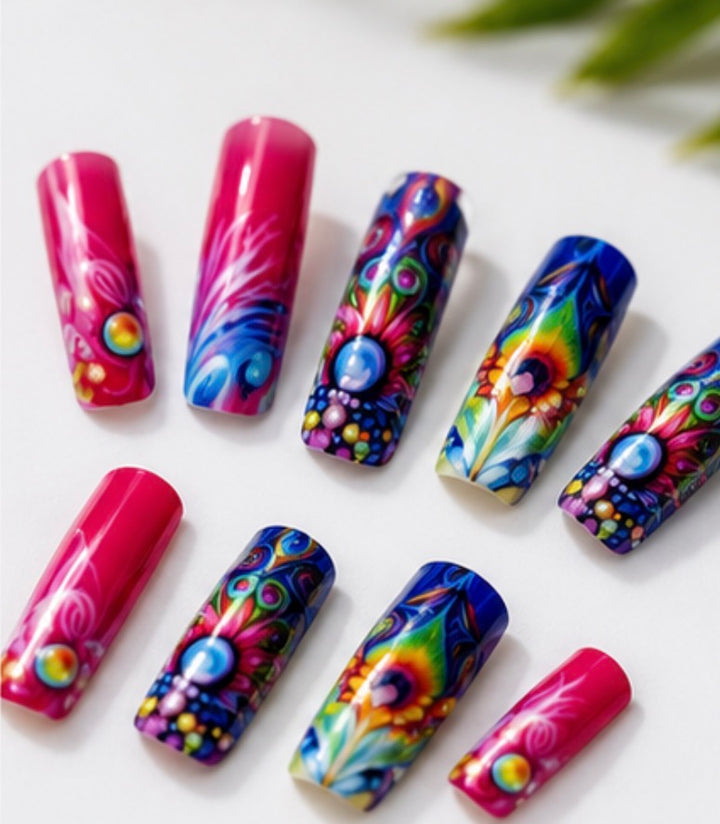 24-piece pink peacock design press-on nail kit with adhesive tabs, mini nail file 