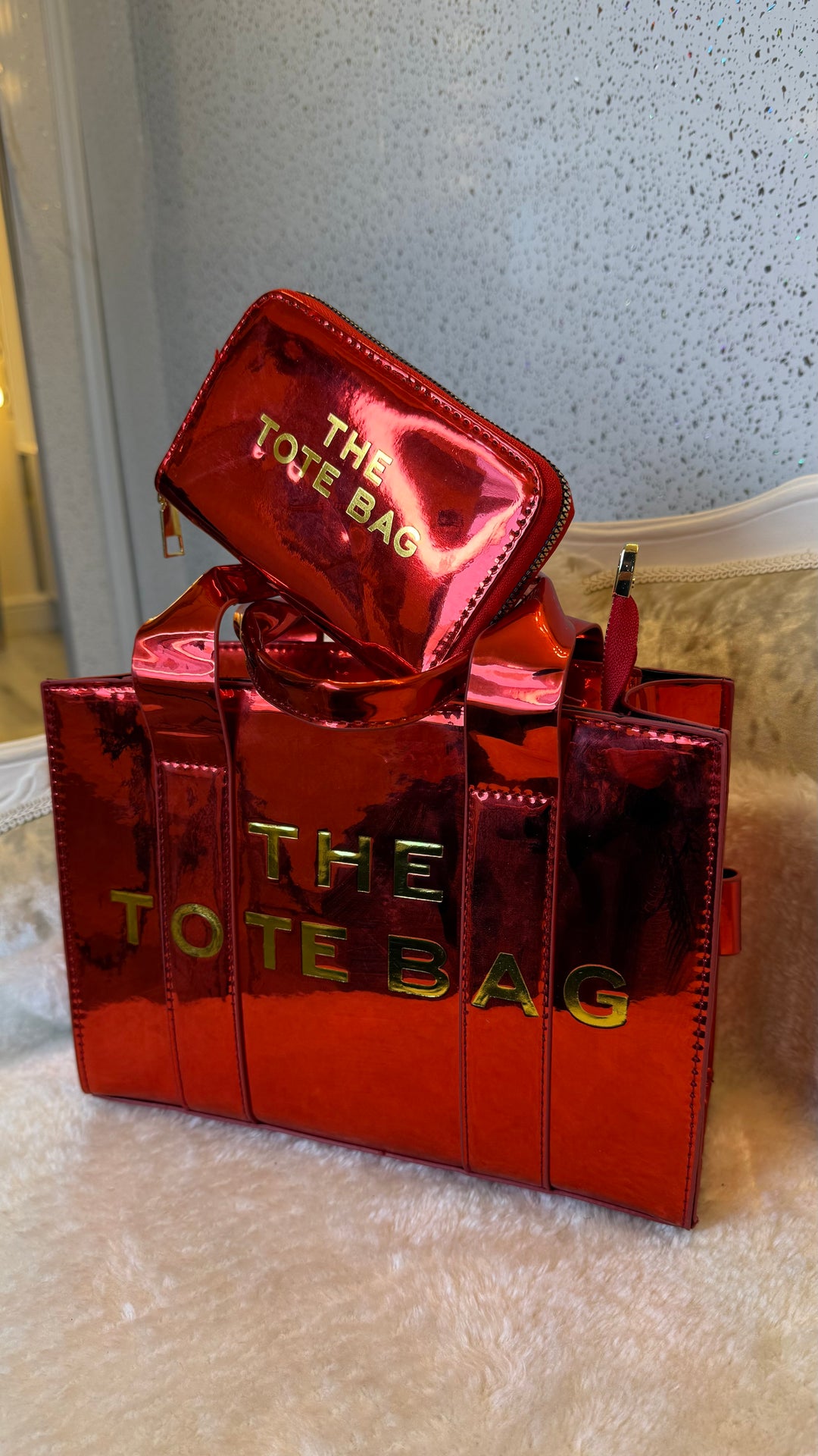 Metallic patent small tote bag and purse set
