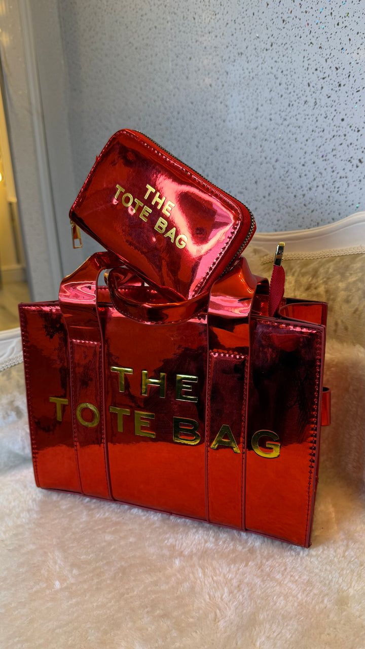 Metallic patent small tote bag and purse set