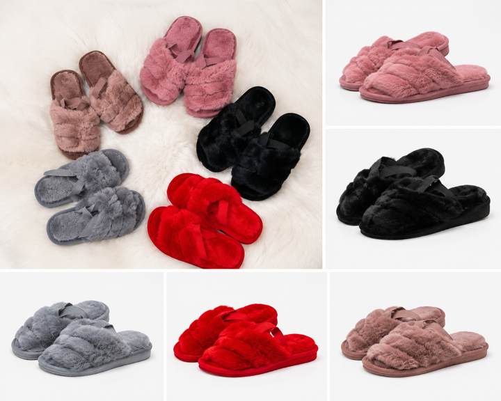 fluffy cross strap slippers with open toe style and elastic heel strap