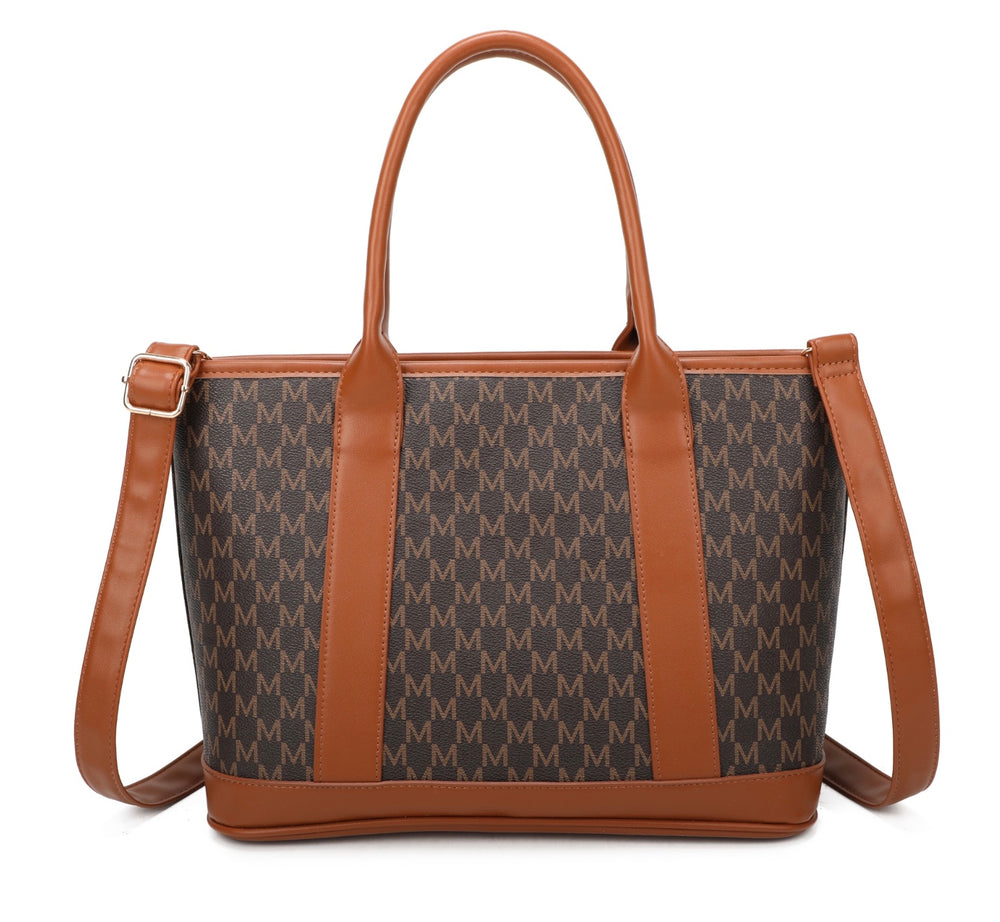 Brown large tote bag with zip closure and adjustable strap