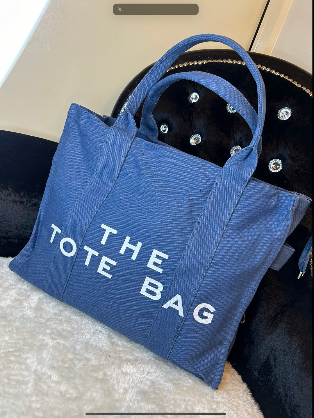 Blue canvas large tote bag with the text &
