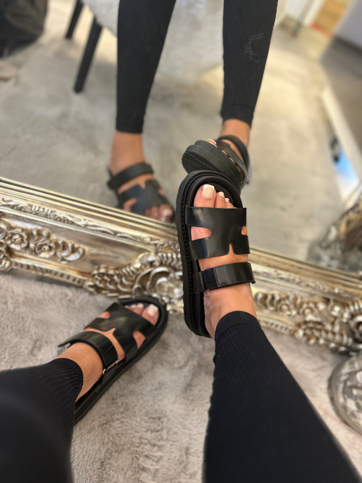 Black sandals slides with Velcro adjustable strap 