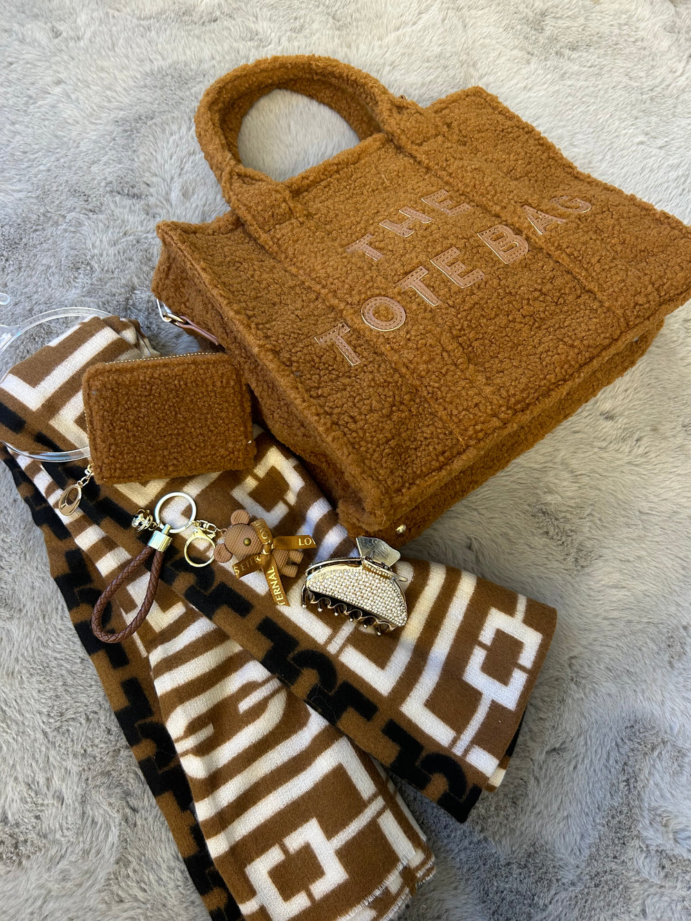 handbag bundle themed in brown, with tote bag, scarf, purse, key ring and hair clip.