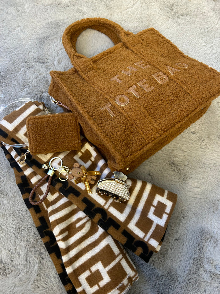 handbag bundle themed in brown, with tote bag, scarf, purse, key ring and hair clip.