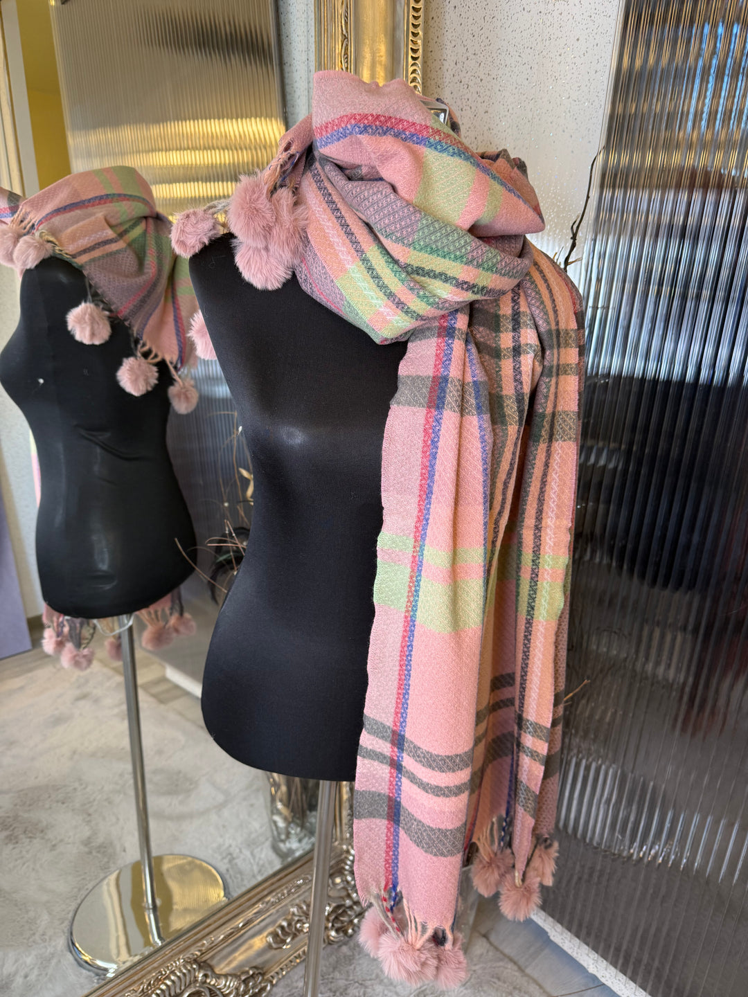 Pink Pom Pom checked scarf