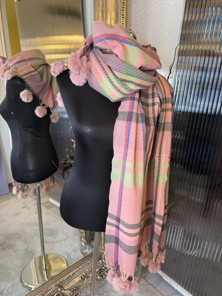 Pink Pom Pom checked scarf