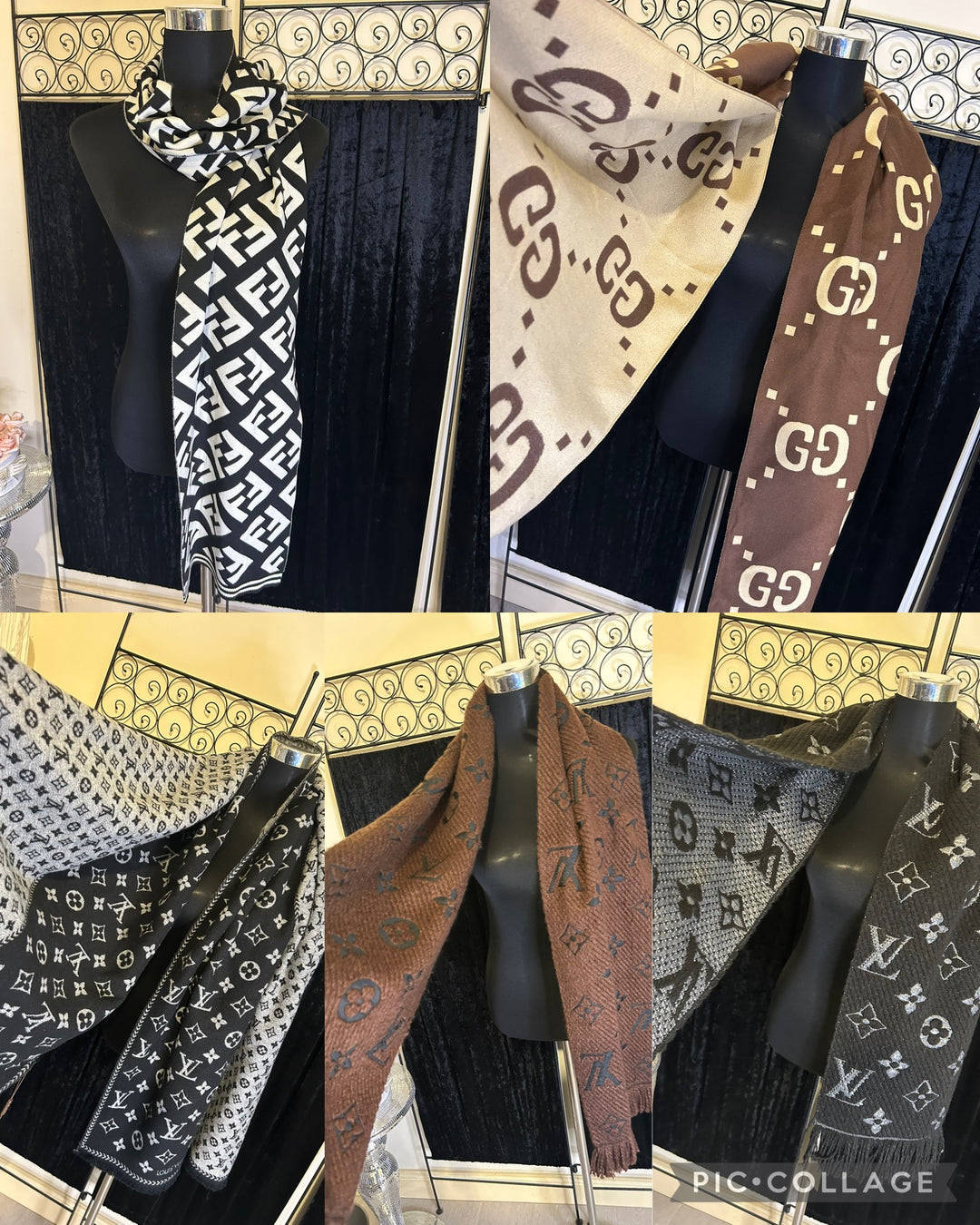 A collection of four different patterned scarves, each featuring an embroidered letter 'G' in a various color and pattern. The scarves are displayed on a mannequin bust, showcasing different design details and color variations.