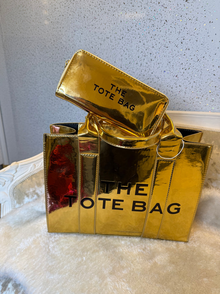 Metallic patent large tote bag and purse set