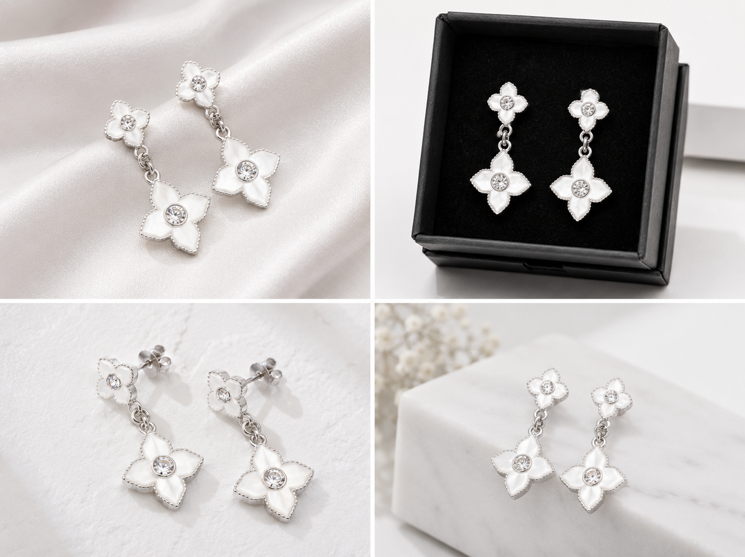 White stainless steel clover drop earrings with crystal centres