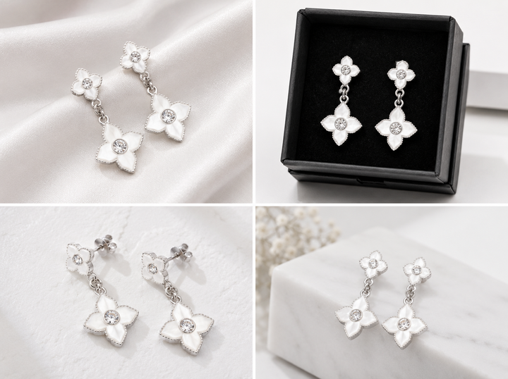 White stainless steel clover drop earrings with crystal centres