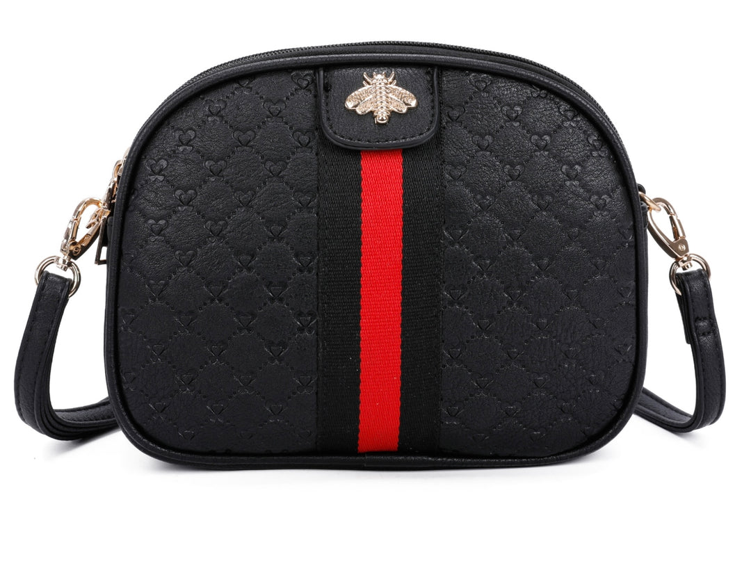 A black quilted bee design cross body bag with a detachable and adjustable strap, featuring golden tone metal hardware.