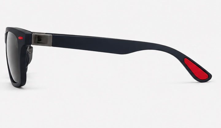 Matte black polarised sunglasses with square frame, dark lenses and red detail accents 