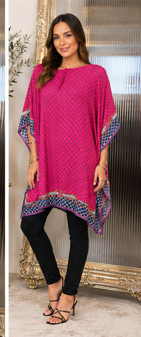 Pink oversized patterned kaftan top with blue and gold border detail