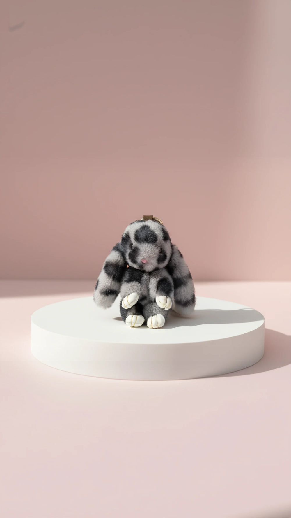 Grey fluffy leopard print bunny key ring 