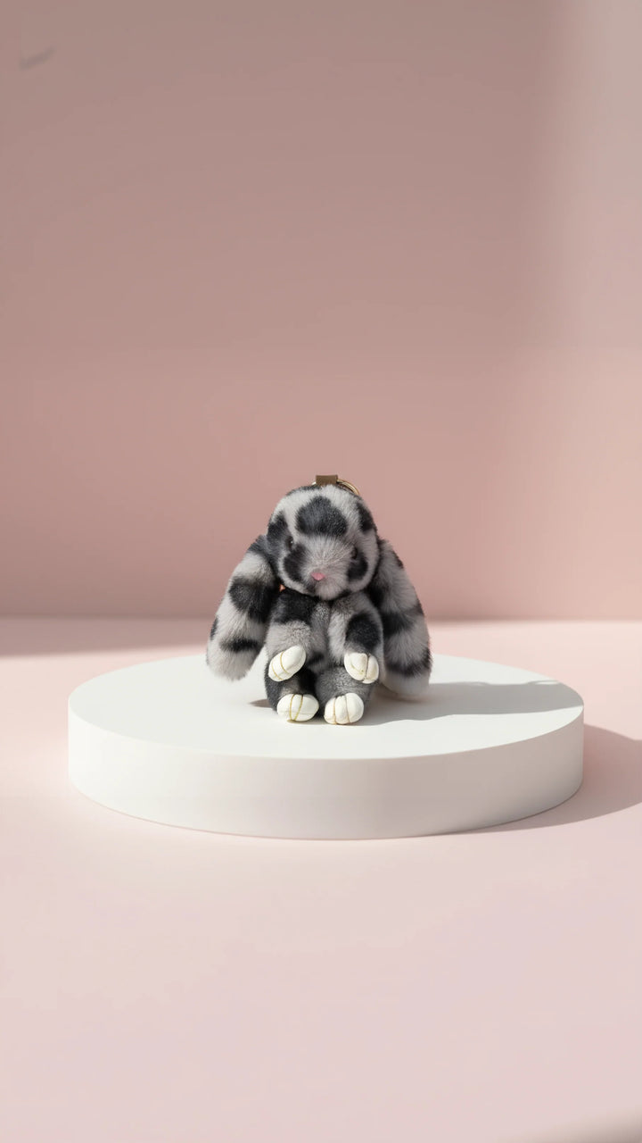 Grey fluffy leopard print bunny key ring 