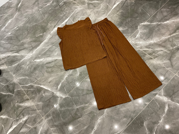 Ribbed Frill Sleeve Top &amp; Wide Leg Trouser Co-Ord Set