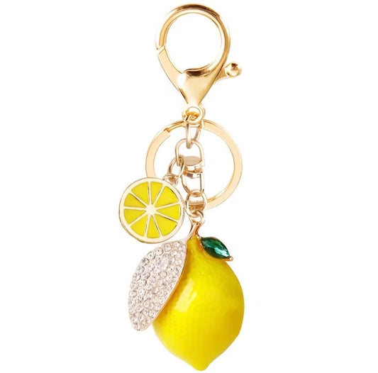 Crystal lemon charm keyring with gold clasp and citrus slice charm