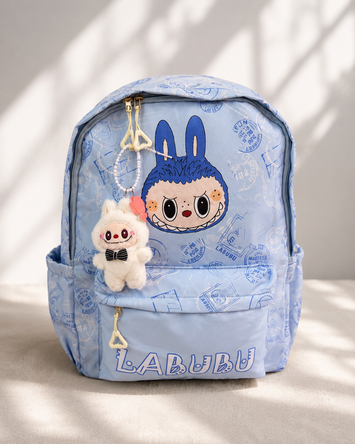     LABUBU backpacks with key ring, front zip pocket and side pockets.