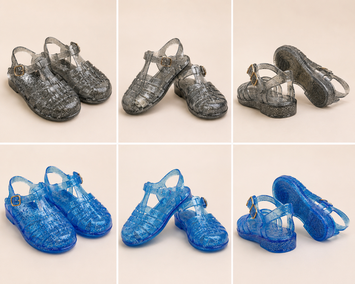 Children’s glitter jelly sandals available in blue and black with buckle ankle straps and flexible sparkly design