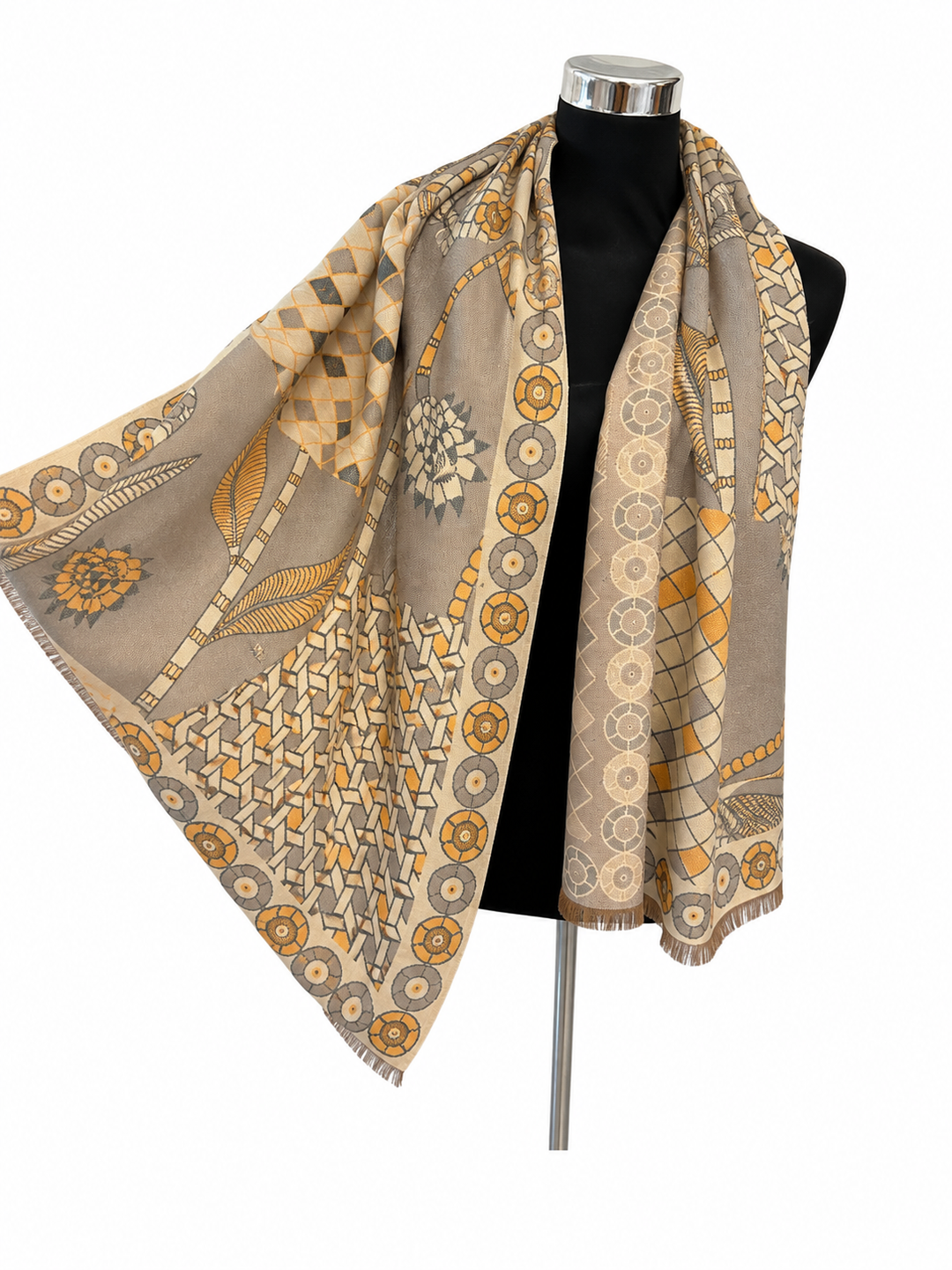 Luxury oversized mixed print scarf in taupe, cream, black and golden tones 
