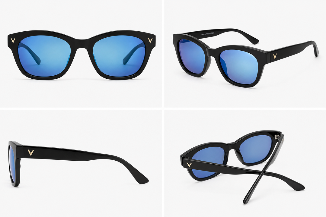 Black oversized sunglasses with glossy black frames, blue mirrored lenses and gold V detail