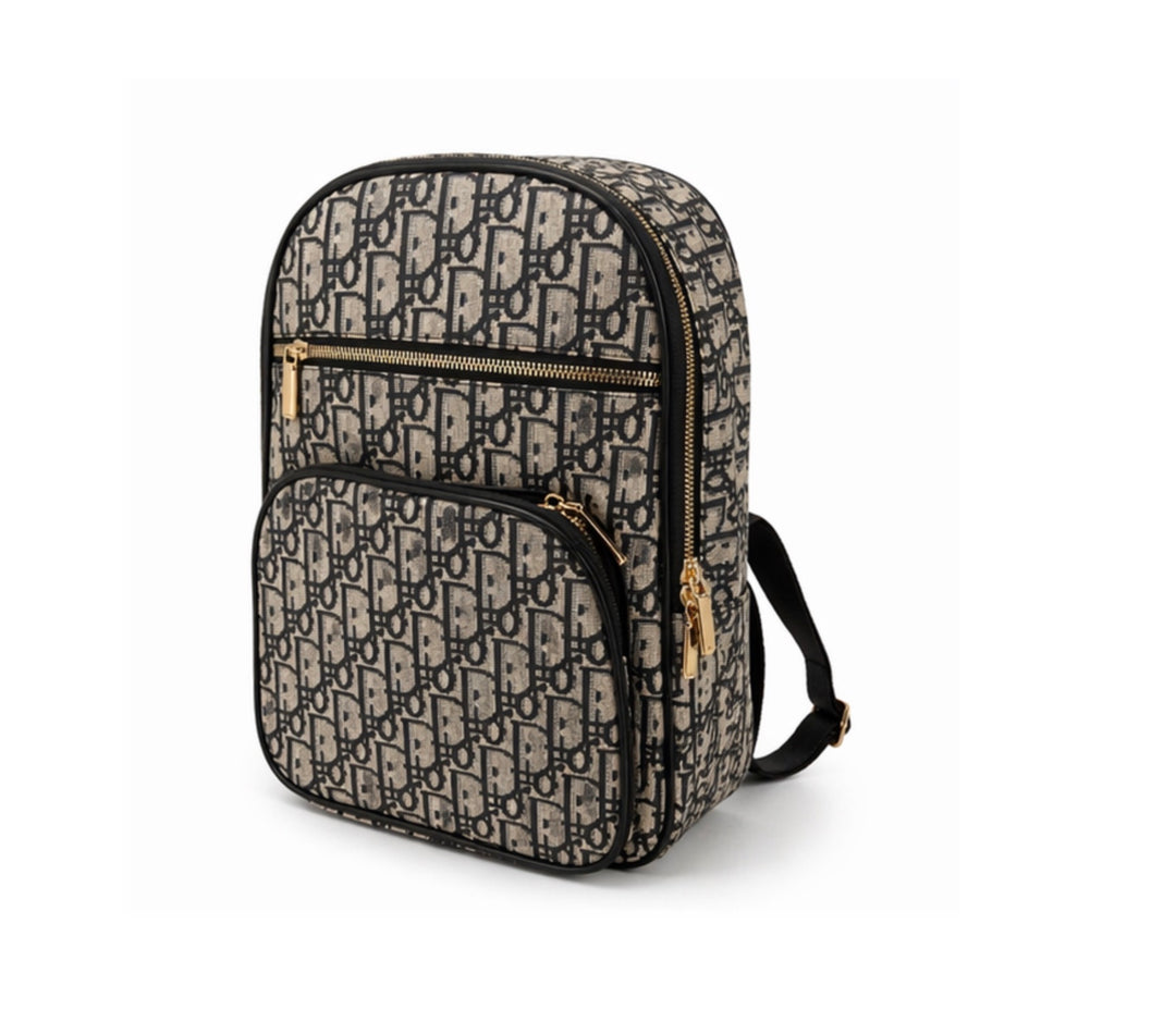 Designer Inspired Monogram Print Backpack with Multiple Compartments