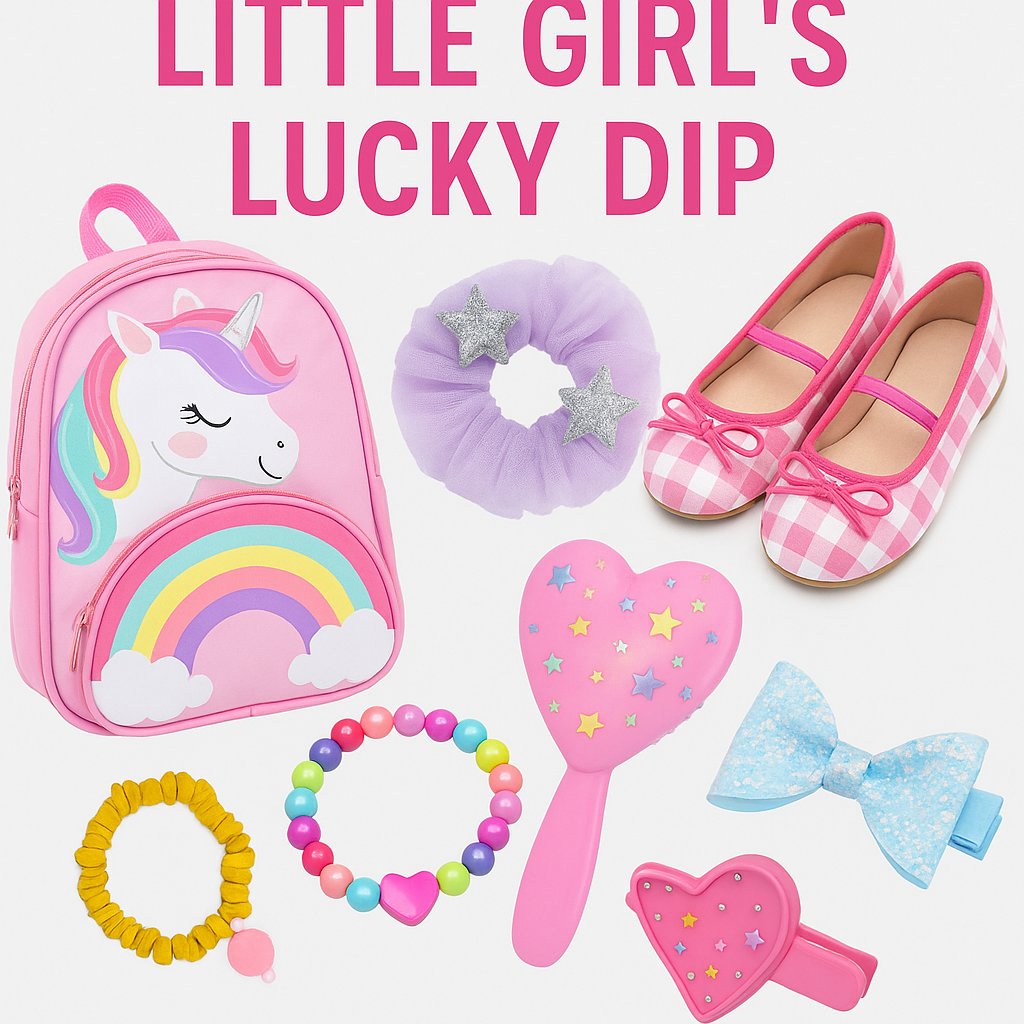 Collection of children's items including a unicorn backpack, shoes, hair accessories, and toys