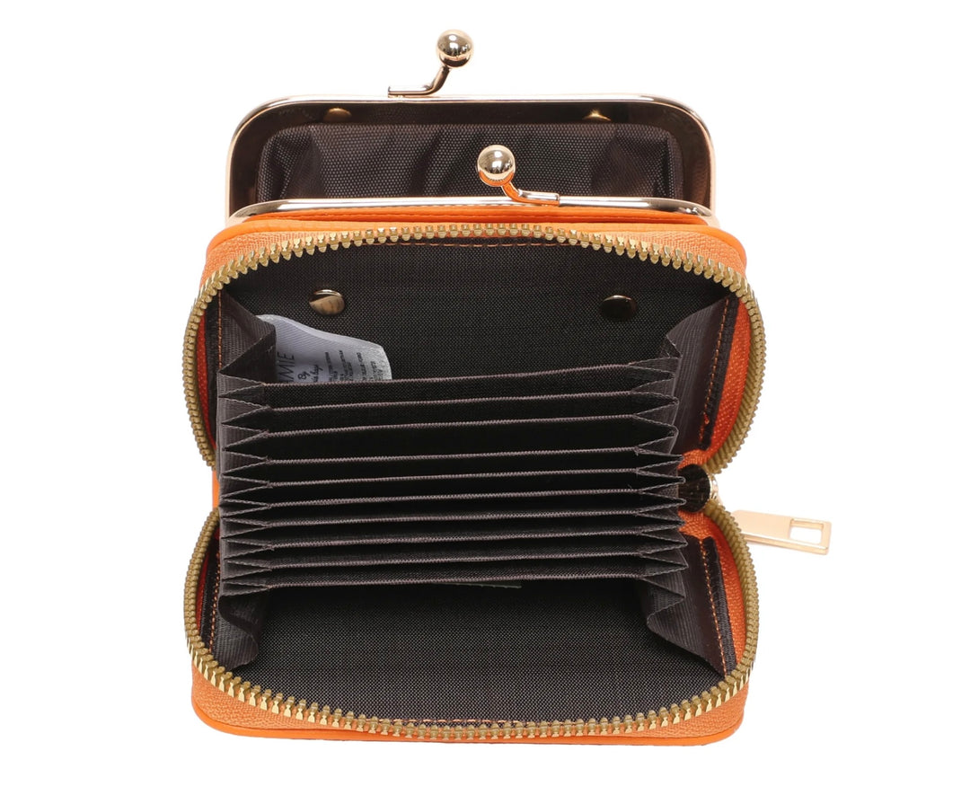 A orange clutch purse with gold detail and a zipper closure.