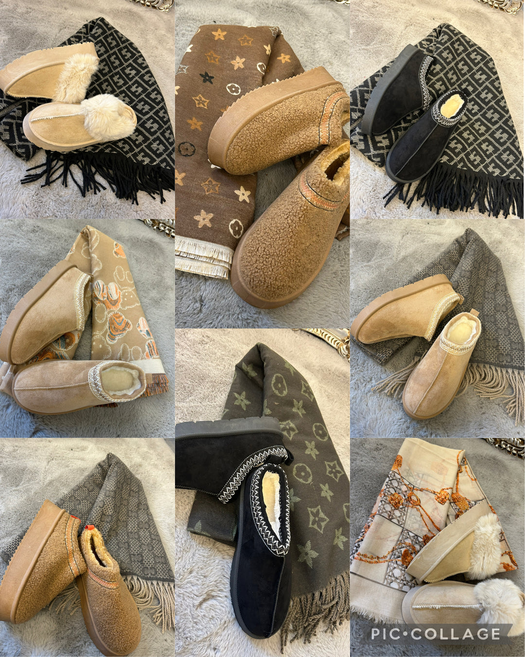 a variety of slippers and scarves. The slippers are in different colours and designs