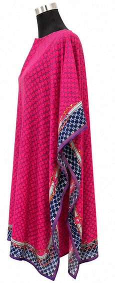 Pink oversized patterned kaftan top with blue and gold border detail
