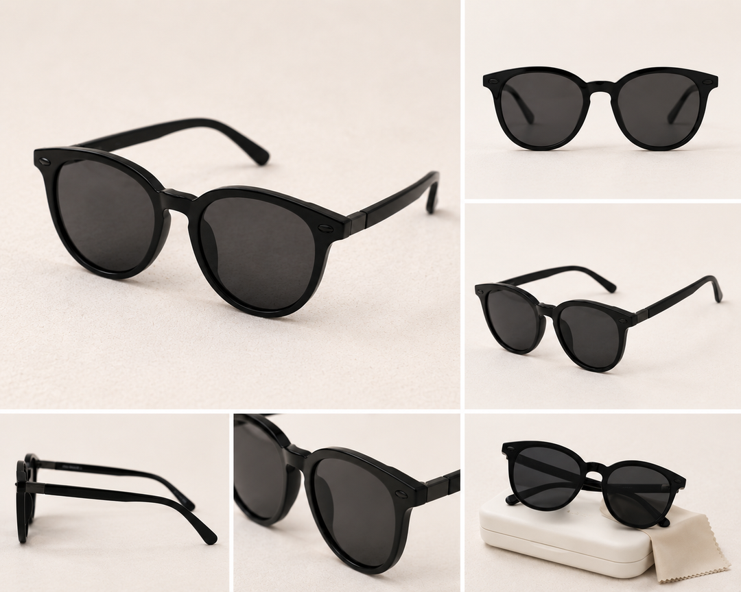 Black round frame sunglasses with dark tinted lenses and black hardware detail
