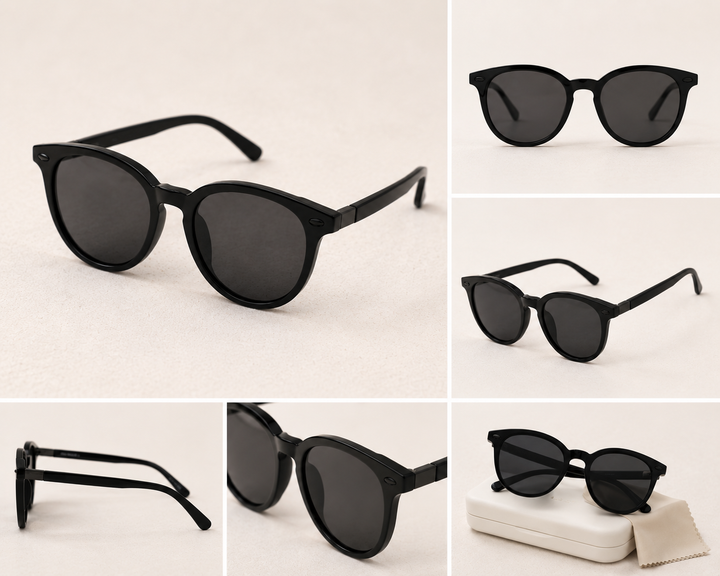 Black round frame sunglasses with dark tinted lenses and black hardware detail