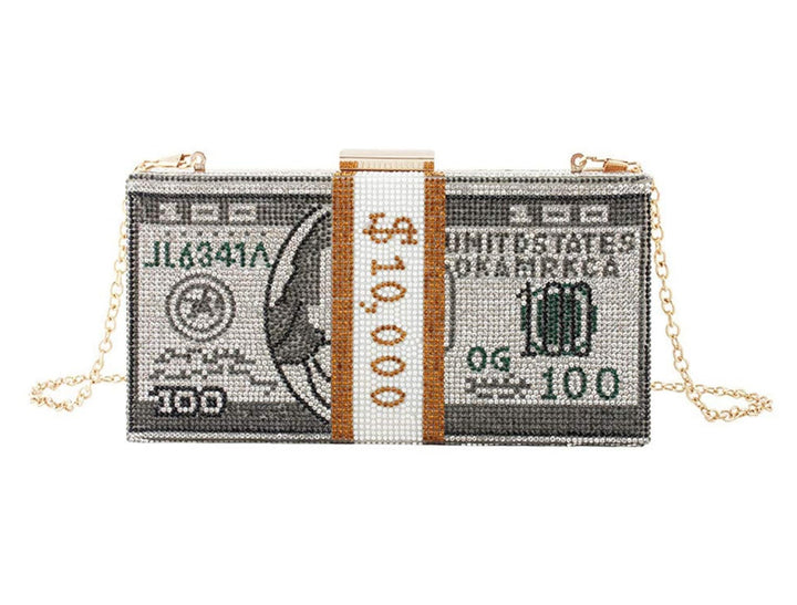 Crystal rhinestone beaded detailed chain strap money clutch bag 