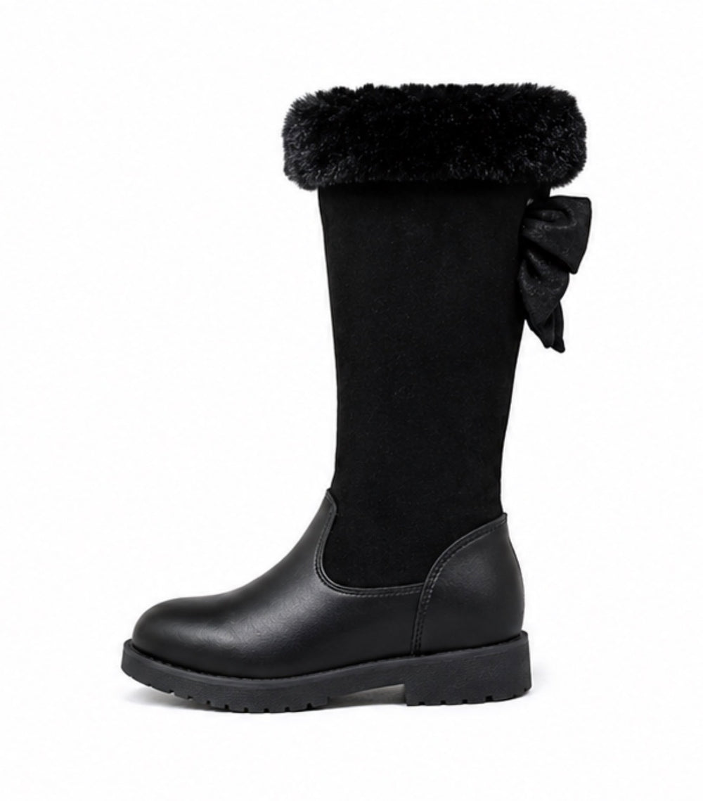 Kids black knee-high winter boots with faux fur trim, side bow detail and chunky sole 