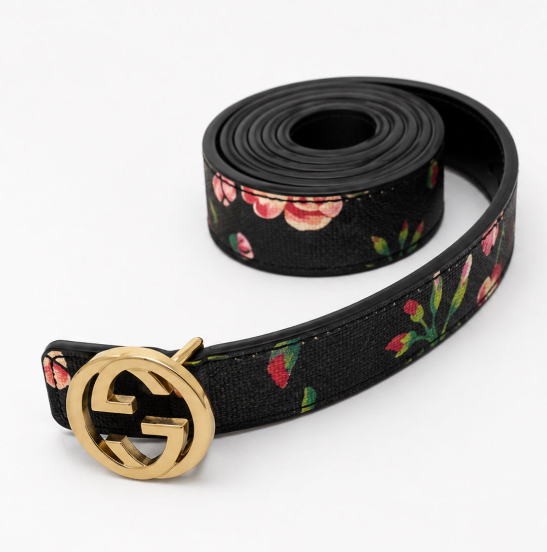 Floral black belt with gold buckle