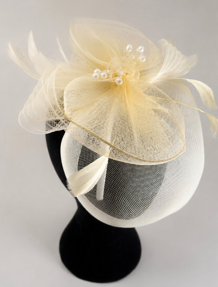 Ivory Mesh Fascinator Hat with Feather &amp; Pearl Detail