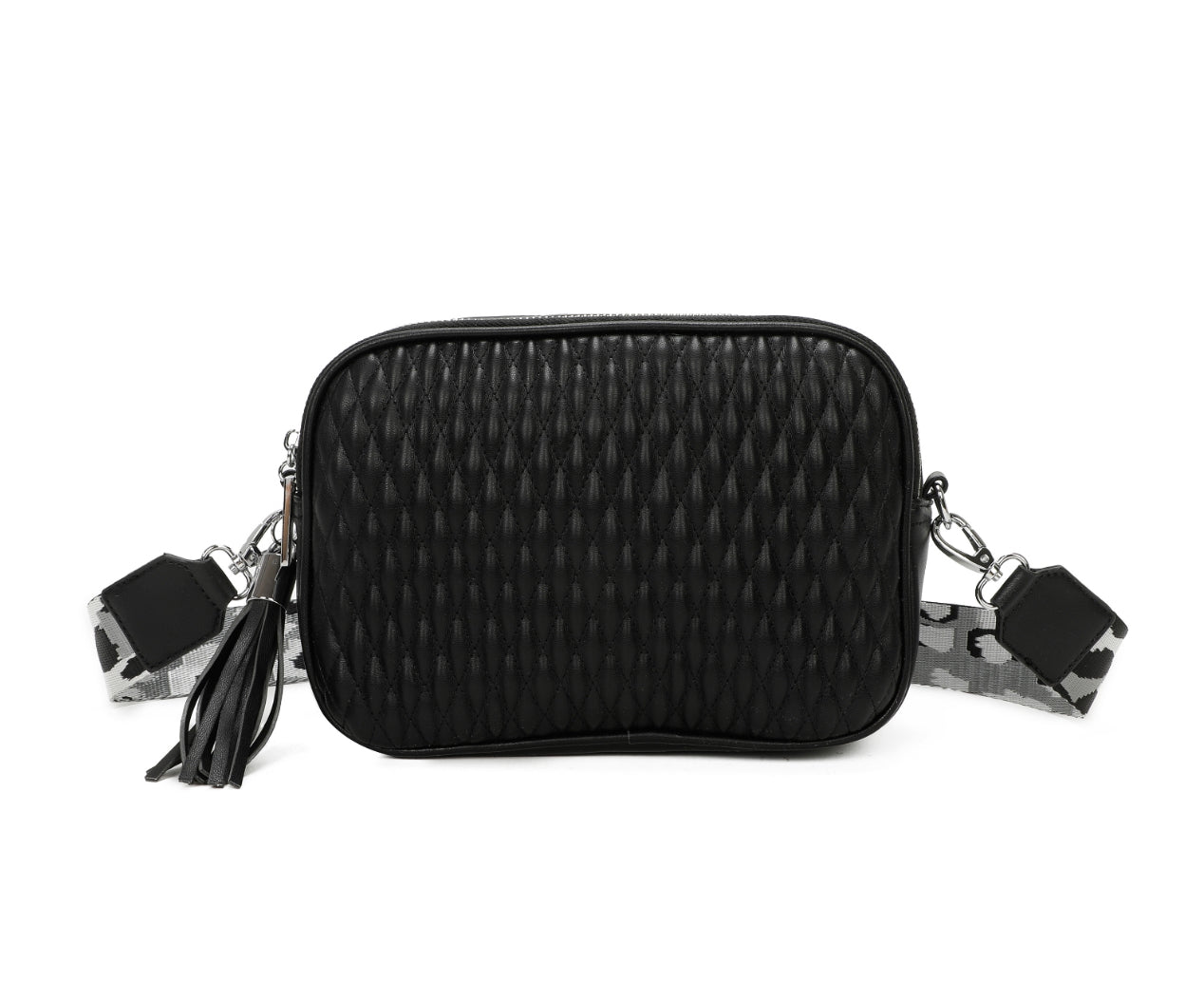 Black textured crossbody bag with tassels 