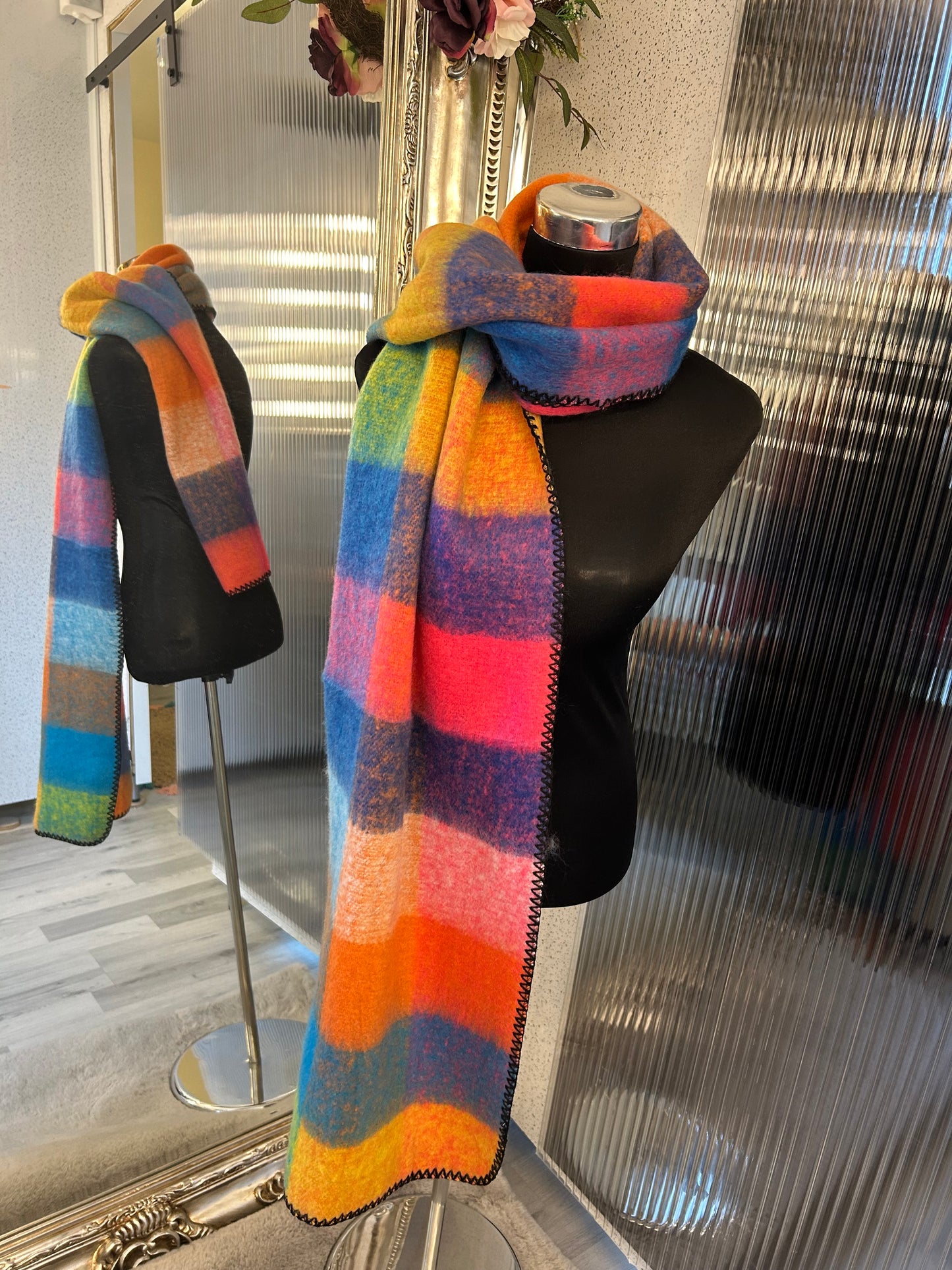 Colourful checked fluffy scarves