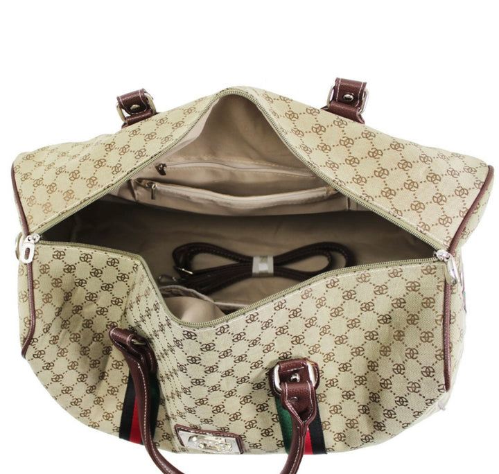 A beige holdall luggage bag with a stripe pattern, featuring red and green accents and a brand plaque, Birds Eye view of opening, beige lining interior and zip pocket compartments and a long strap