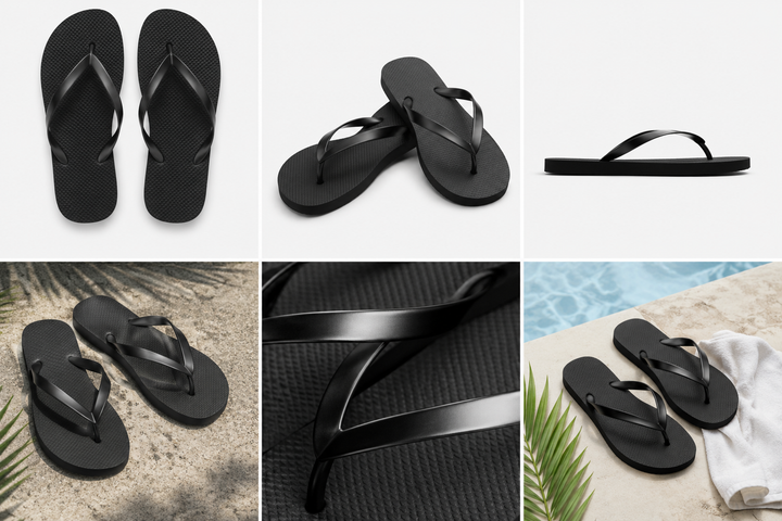 Black flip flops with glossy black straps and textured soles 