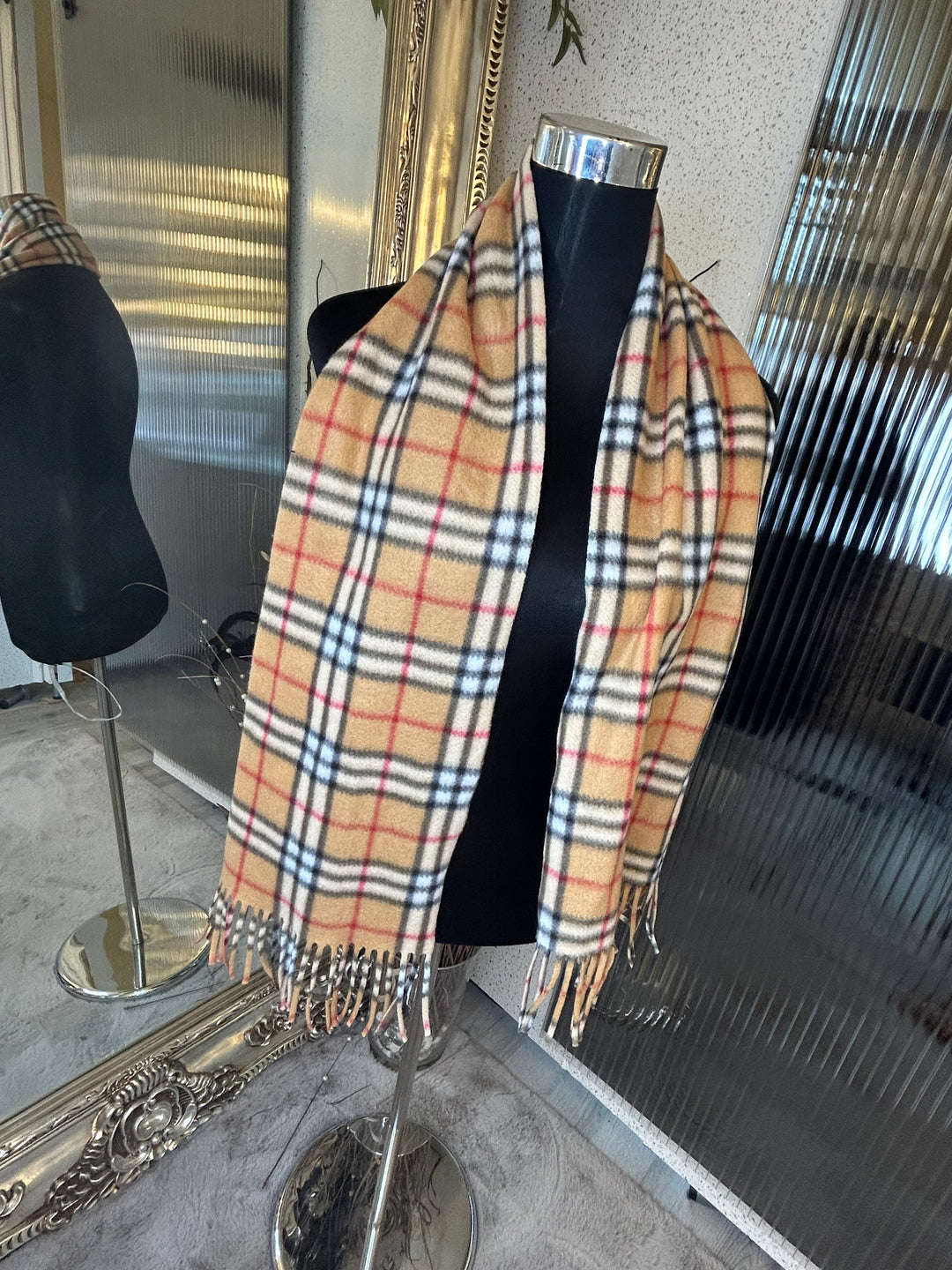 Brown checked detail scarf with tassels  