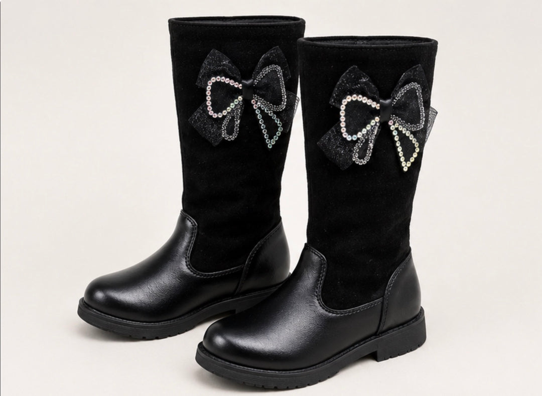 Black girls knee high boots with diamanté bow detail, chunky sole and soft suede style finish